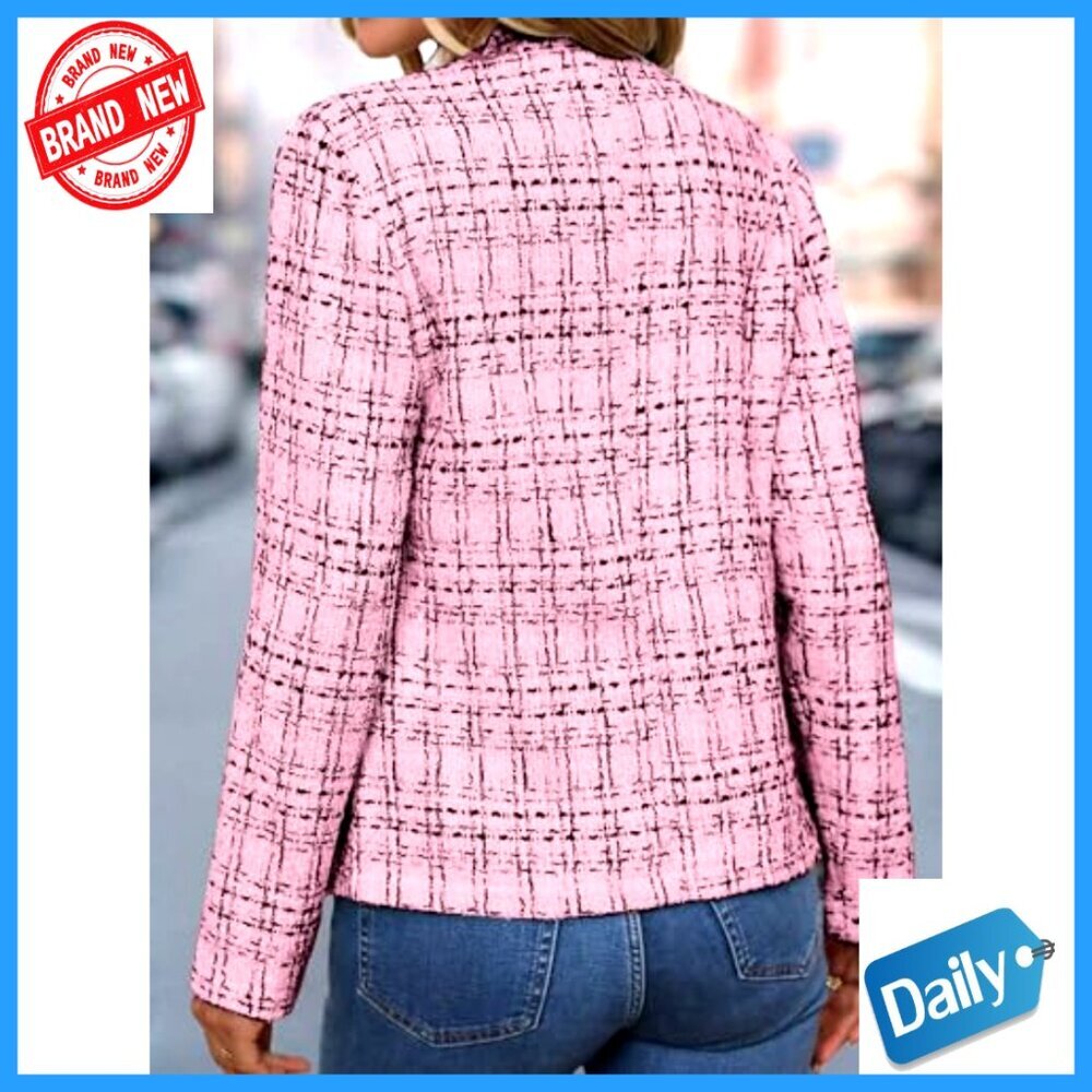 Slim Fit Tweed Blazer Long Sleeve Notch Collar Casual Business Office Jacket - Picture 2 of 7